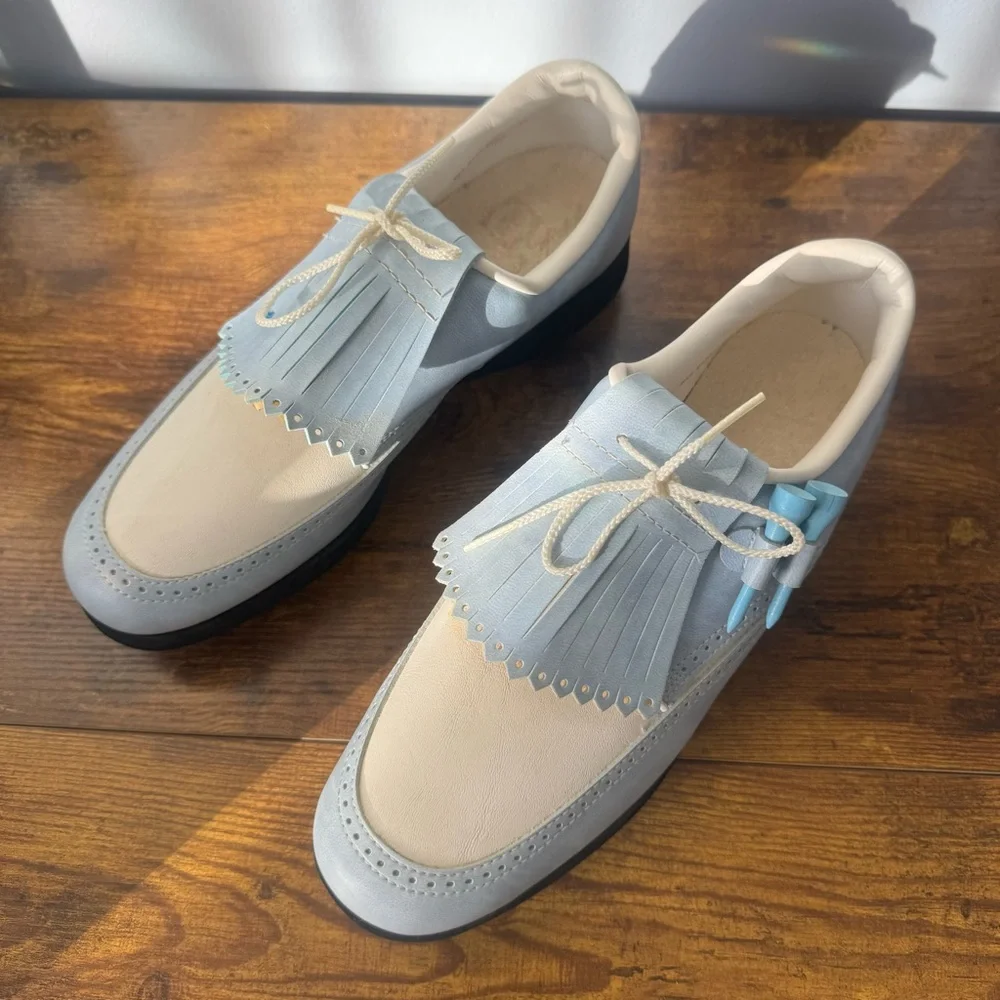 Jack Nicklaus Vintage 1973 Women’s Golf Shoes Blue Metal Spikes Kiltie‎ 8 M